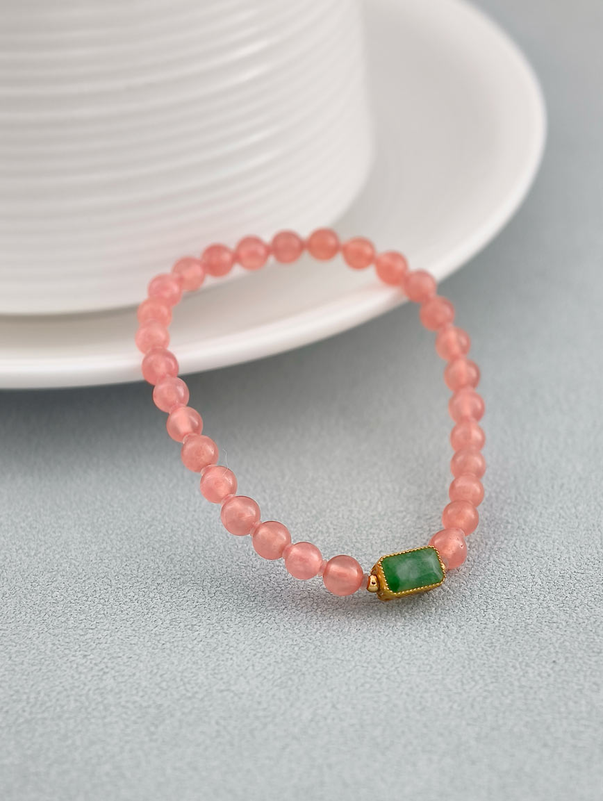 Natural Rhodochrosite and 18K Gold Inlaid Jadeite Bracelet