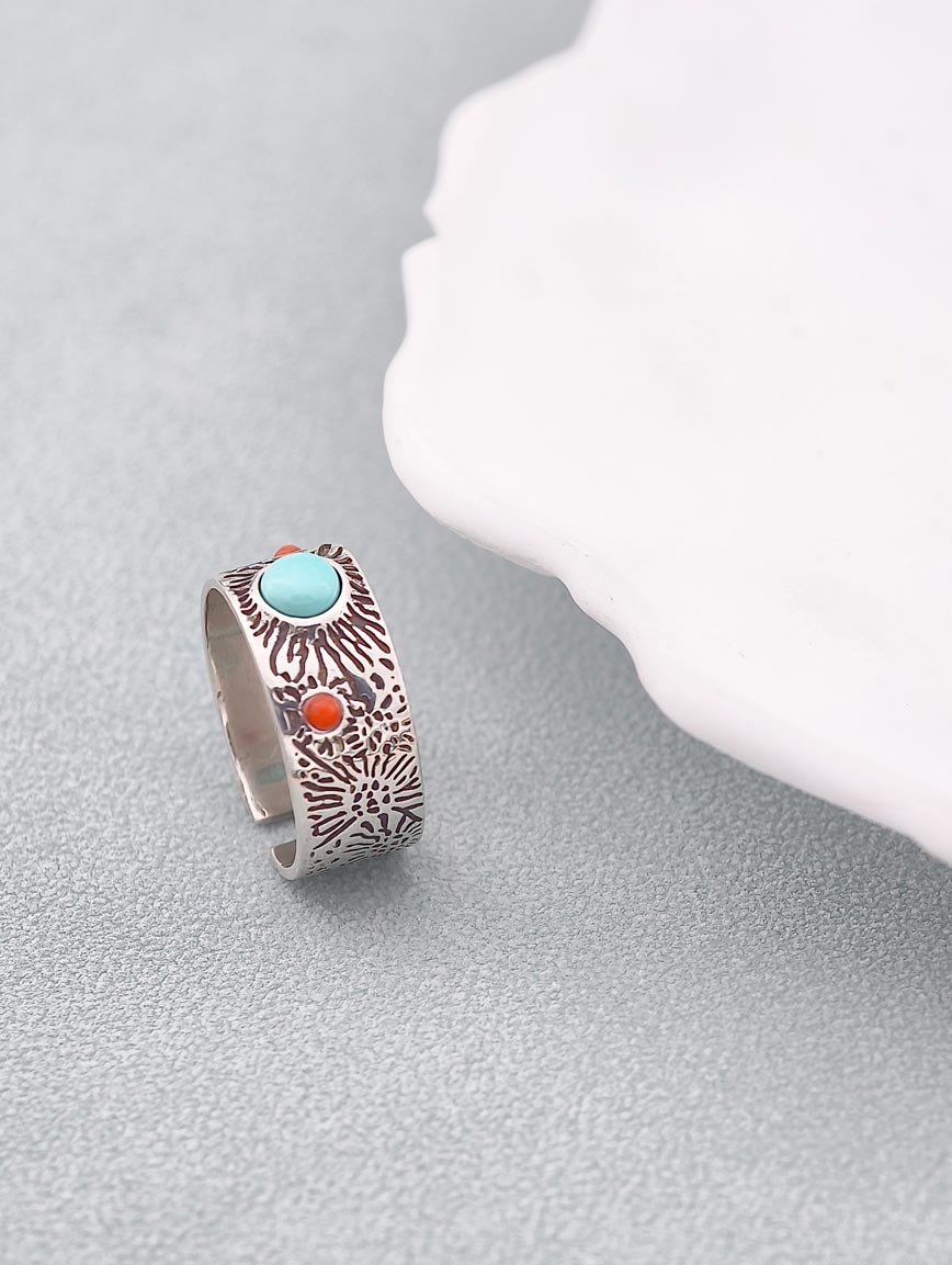 Natural Turquoise With Red Coral Vintage Style Ring
