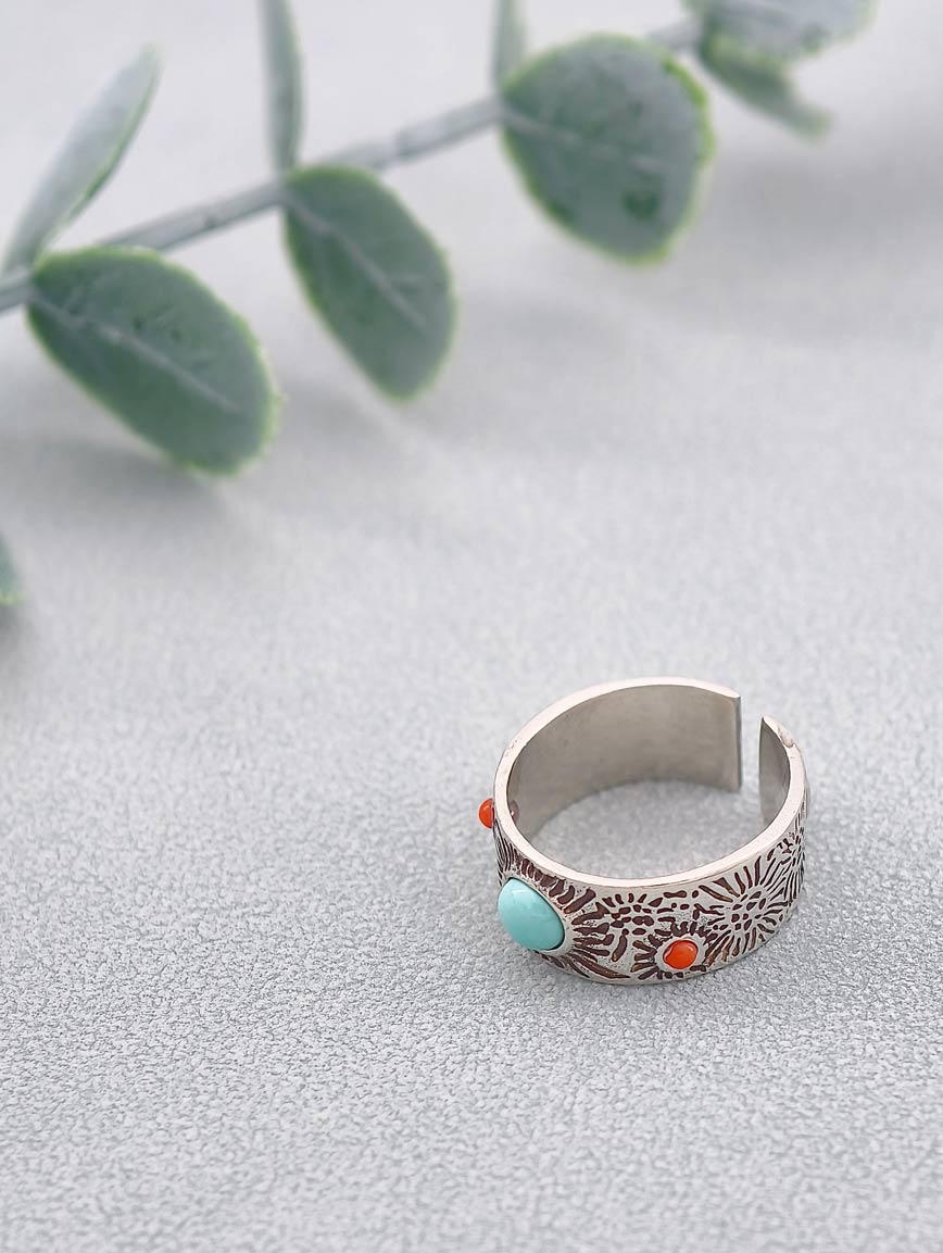 Natural Turquoise With Red Coral Vintage Style Ring