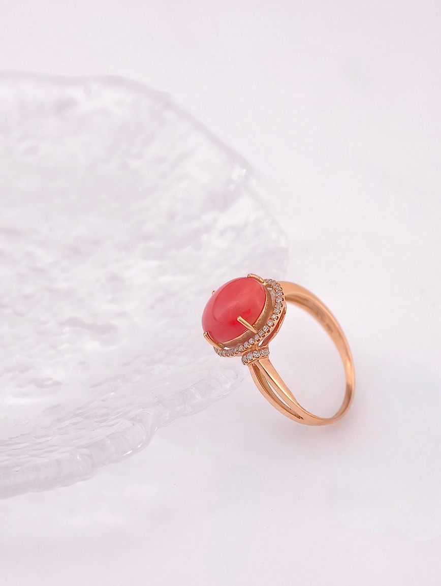 Natural Red Coral Diamond Ring