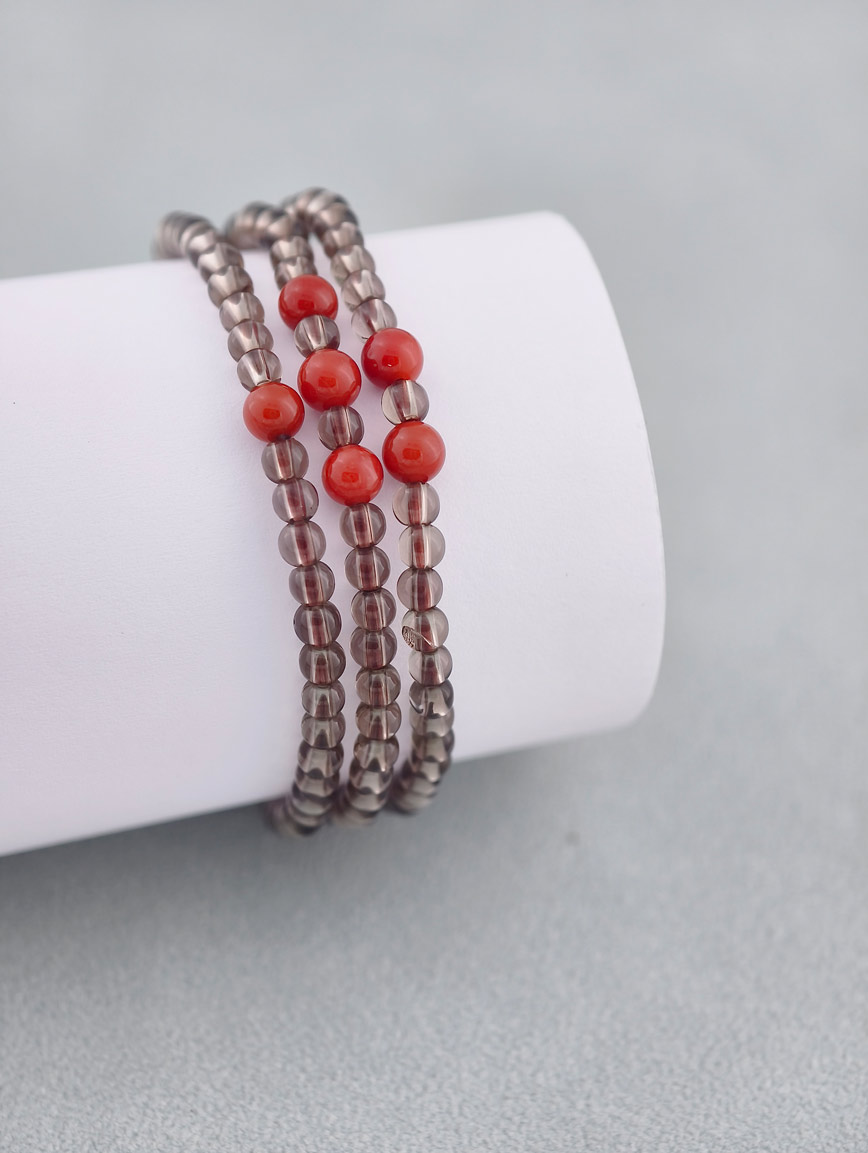 Natural Smoky Quartz and Agate Three-Wrap Bracelet