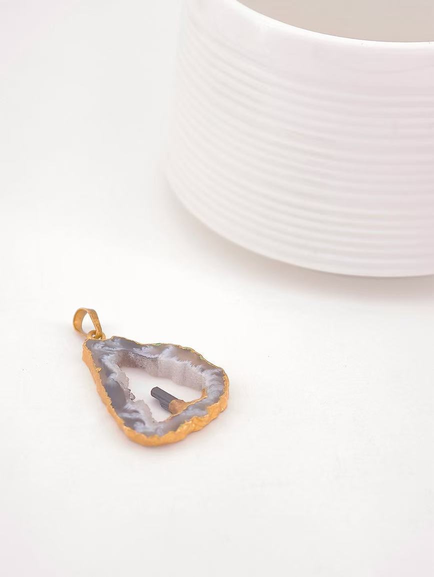 Natural Agate and Black Tourmaline Raw Stone Pendant