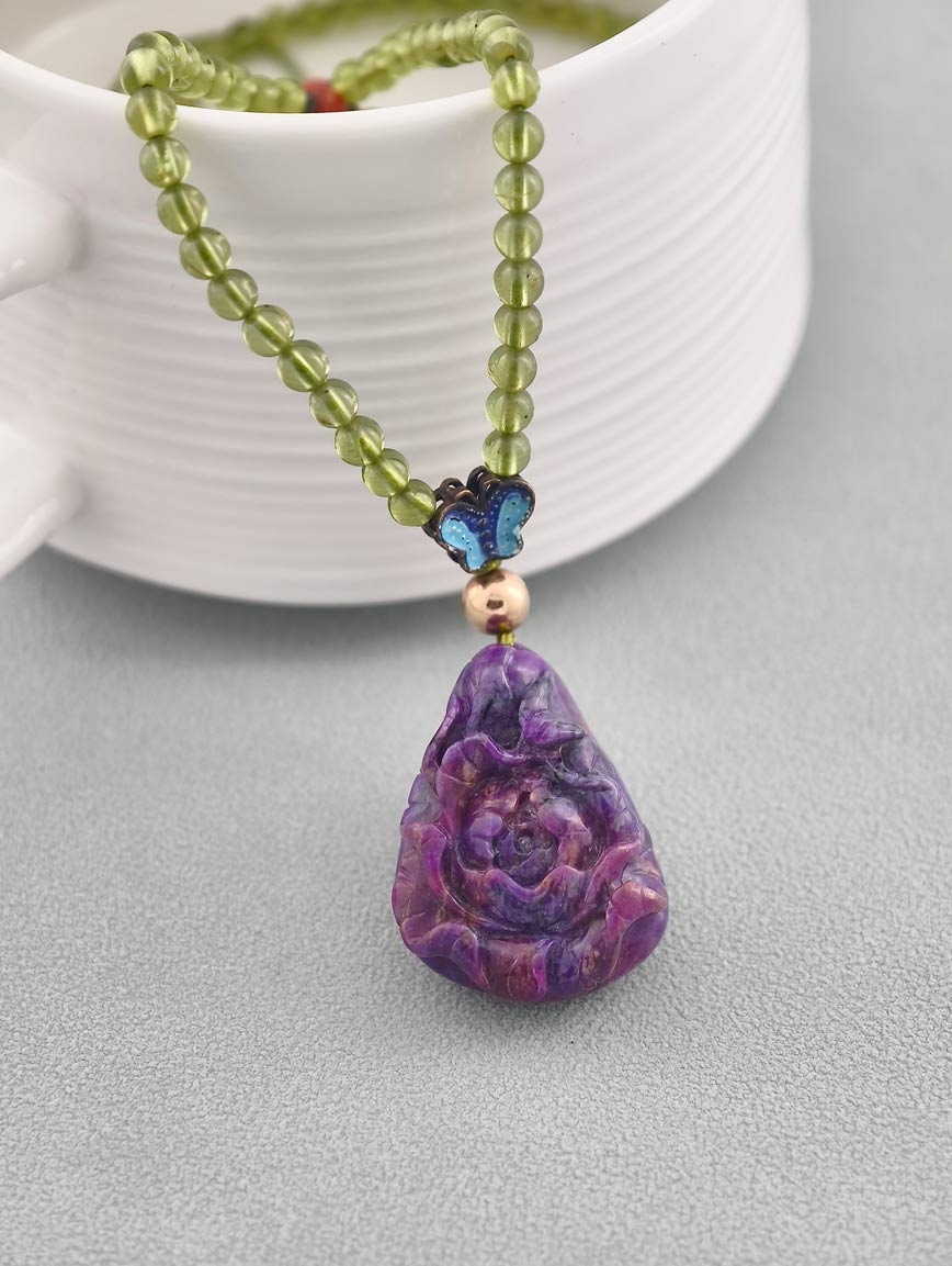 Sugilite Rose with South Red Agate and Peridot Necklace