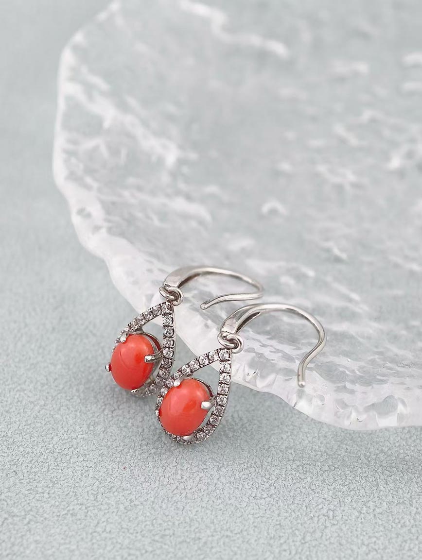 Natural Red Coral Exquisite Style Earrings