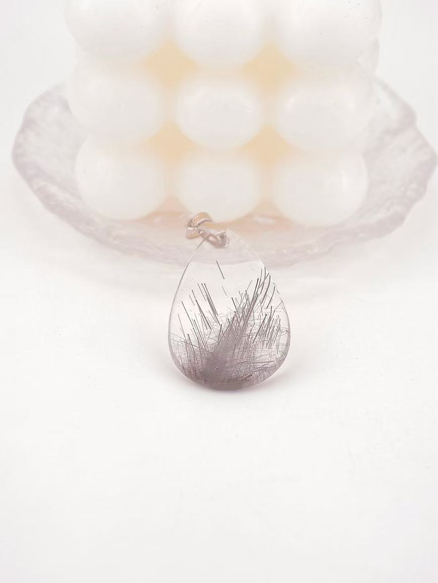 Natural Water Drop Shaped Silver Rutilated Quartz Pendant
