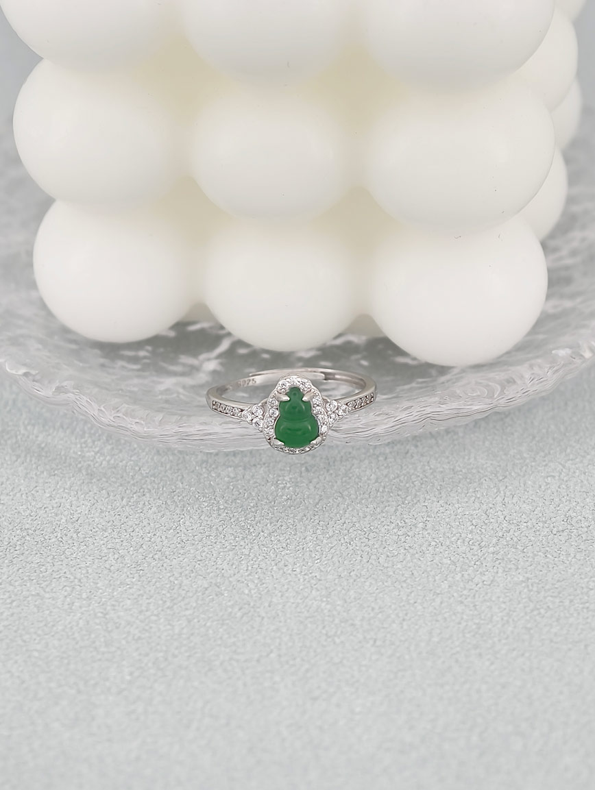 Sterling Silver Inlaid Natural Jadeite Gourd Ring
