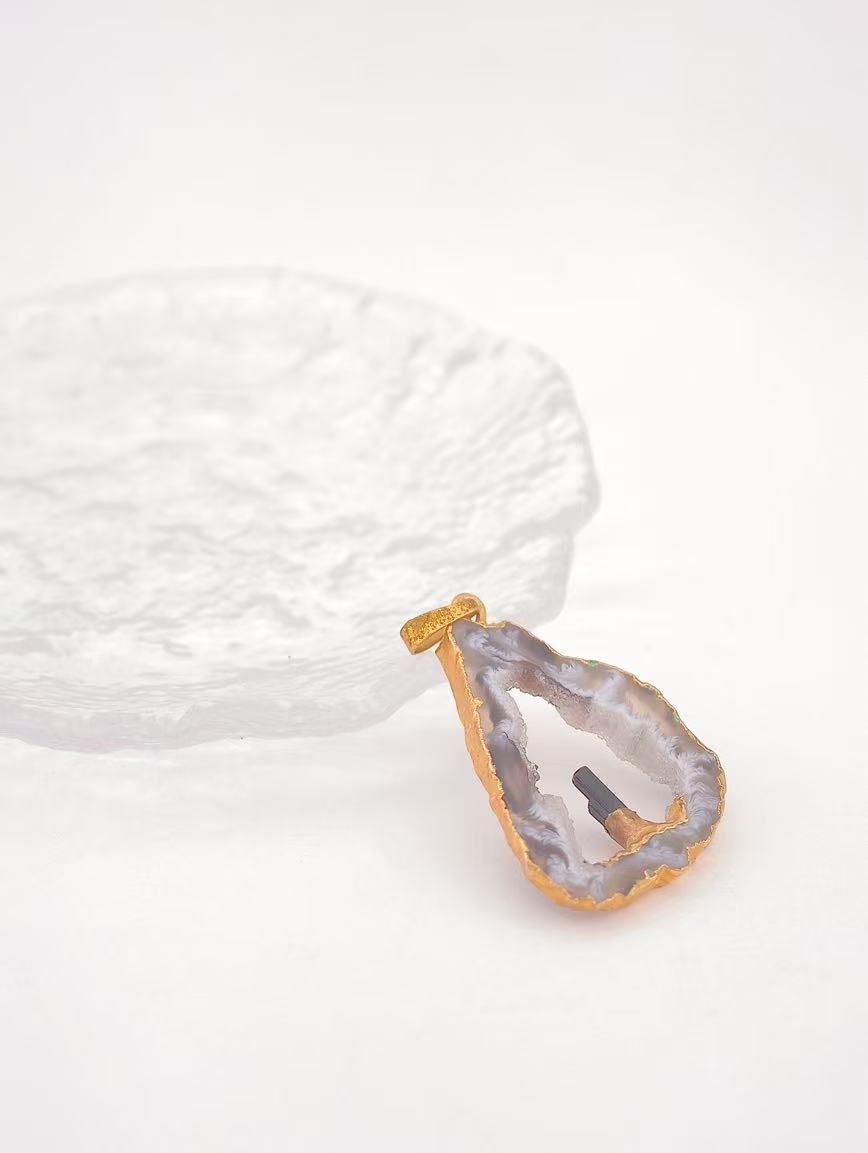 Natural Agate and Black Tourmaline Raw Stone Pendant