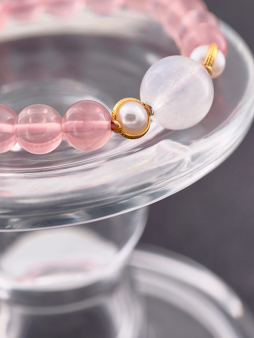 Rose Quartz and Moonstone 18K Gold Inlaid Pearl Bracelet