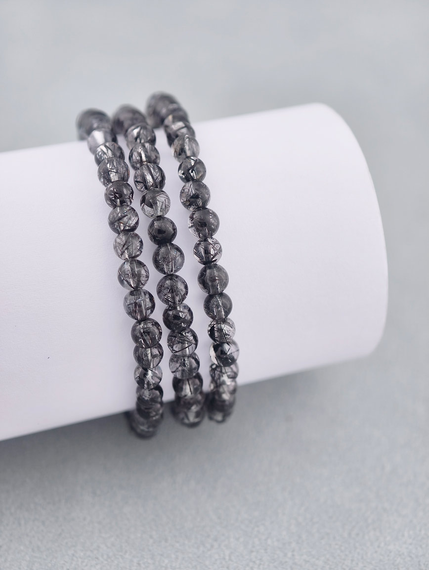 Natural Black Rutilated Quartz Three-Wrap Bracelet