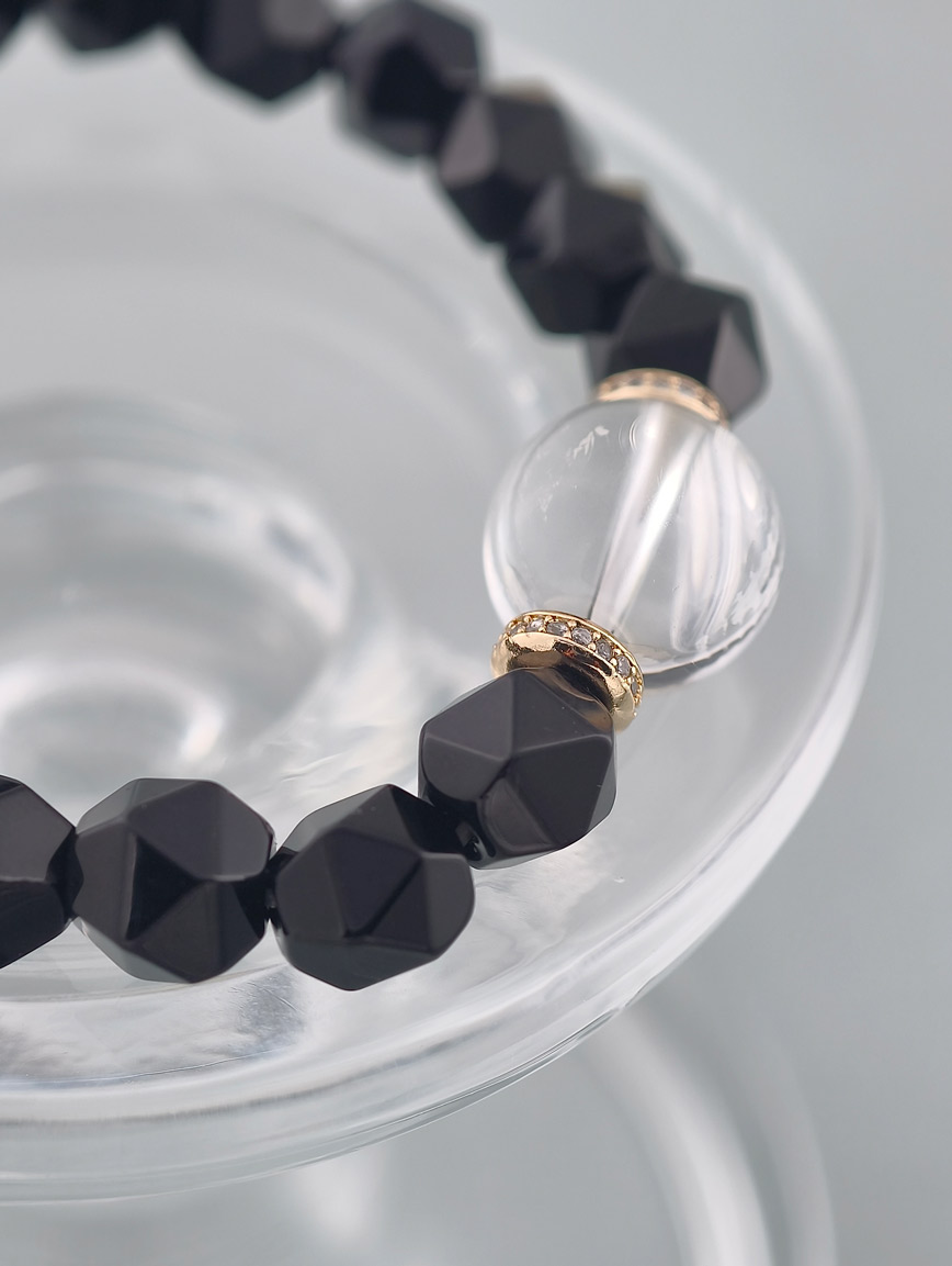 Natural Black Agate and Clear Quartz Bracelet