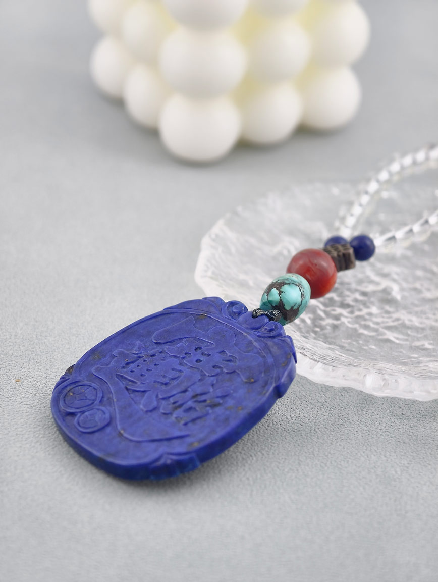Wealth-Attracting Tablet Lapis Lazuli with Natural Turquoise South Red Agate Pure Silver and Clear Quartz Necklace