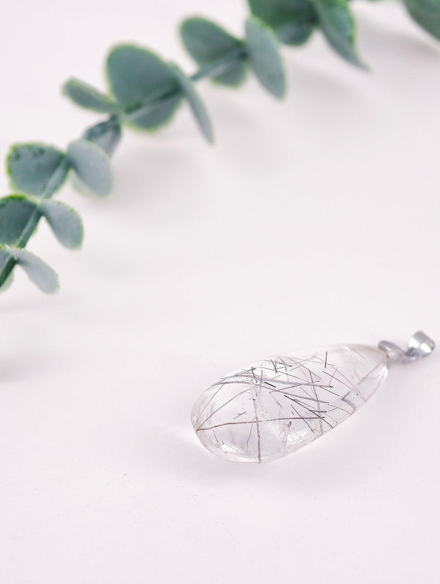 Natural Black Rutilated Quartz Sterling Silver Pendant