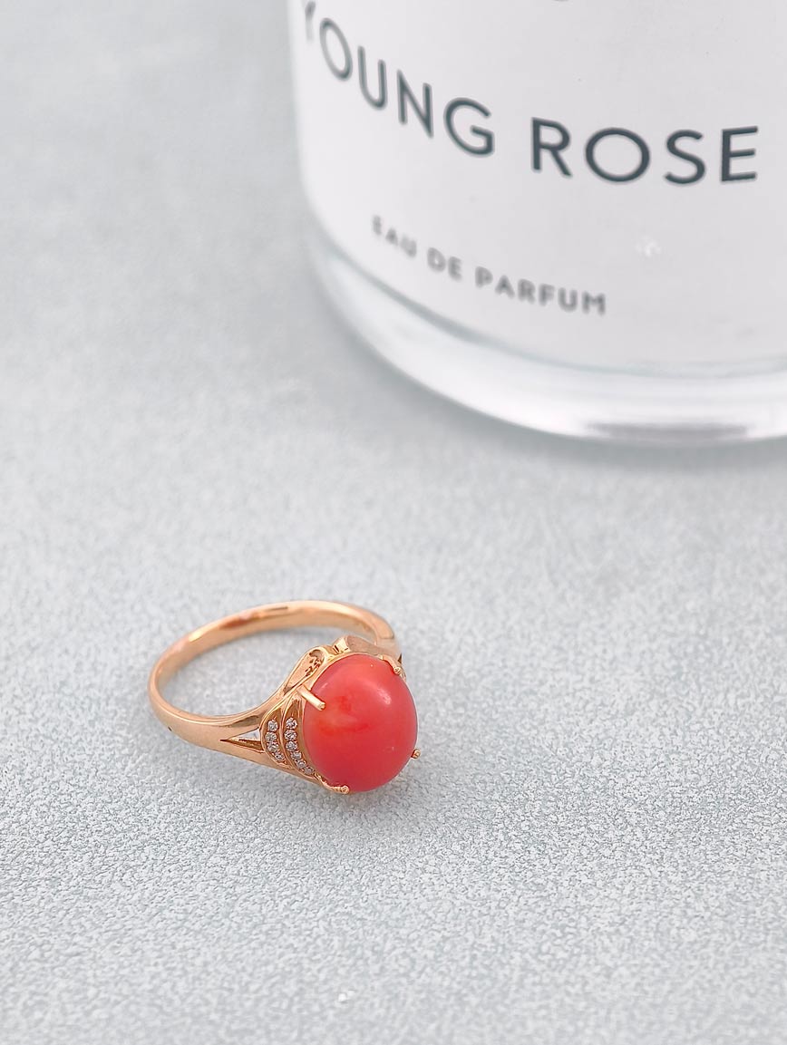Natural Red Coral Diamond Simple Ring