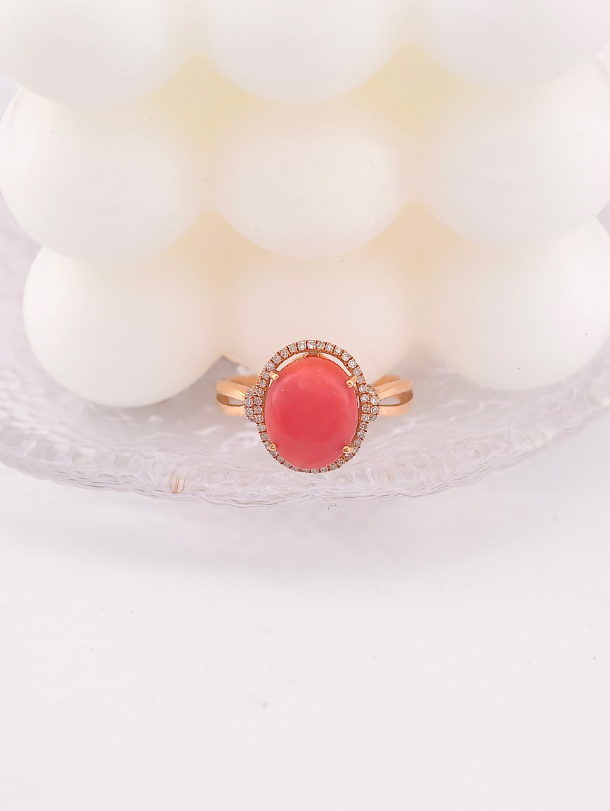 Natural Red Coral Diamond Ring