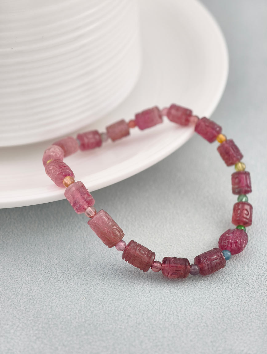 Natural Pink Tourmaline Good Luck Bead Bracelet