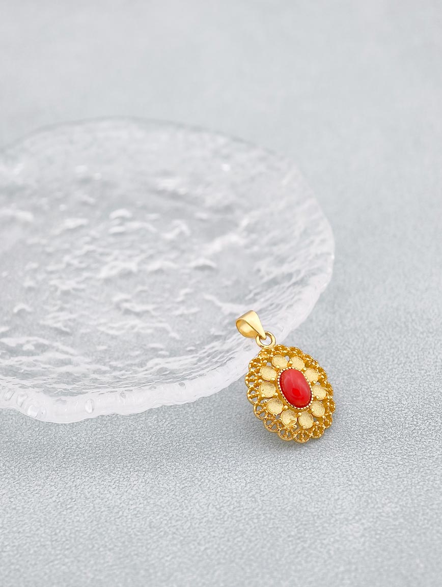 Natural Red Coral Sterling Silver Pendant