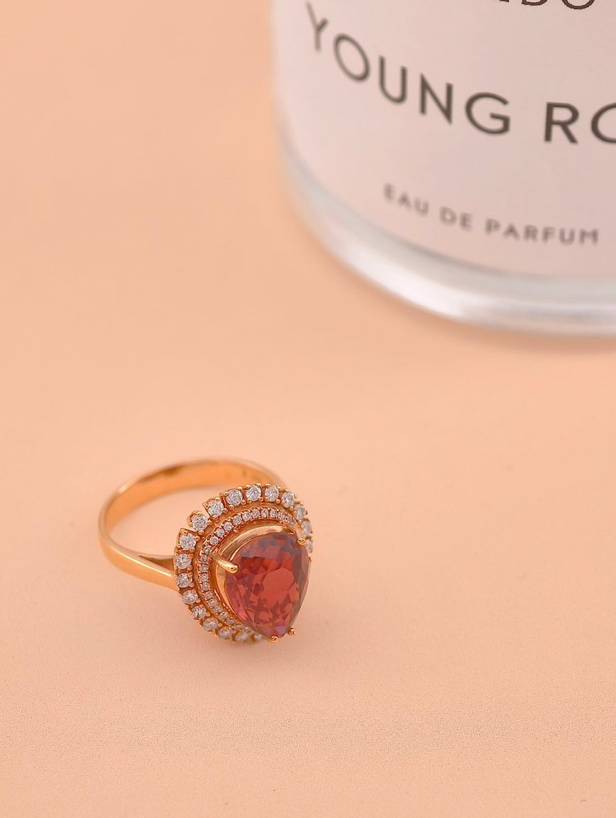 18k Gold Inlaid Drop-Shaped Red Tourmaline Ring