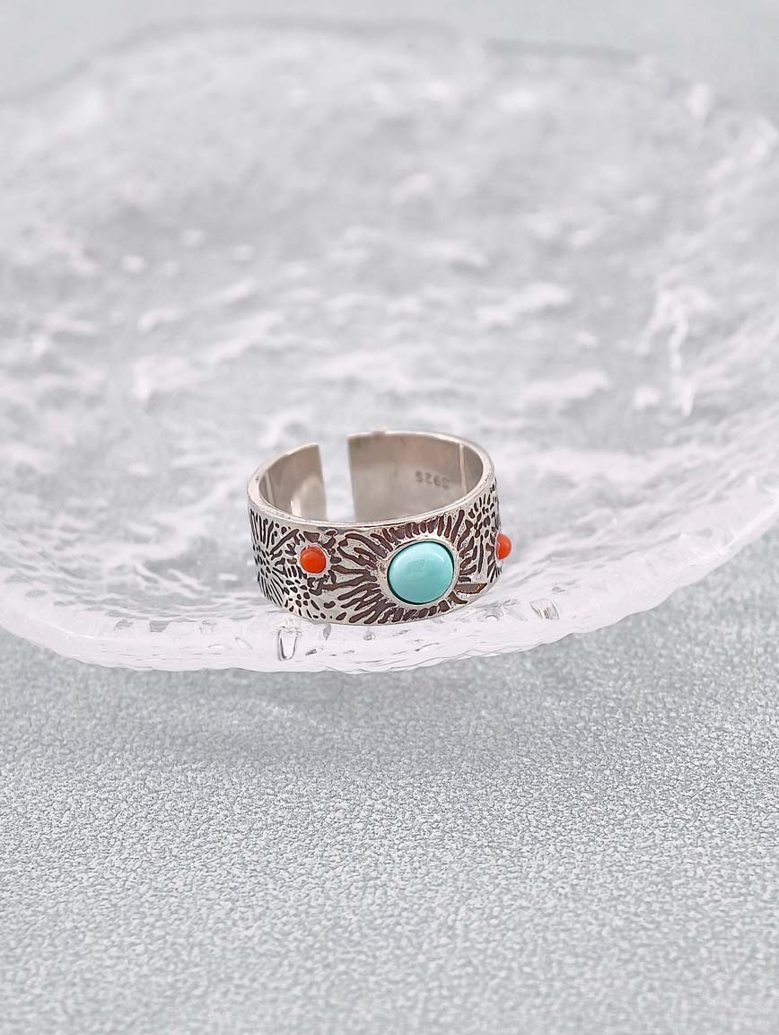Natural Turquoise With Red Coral Vintage Style Ring