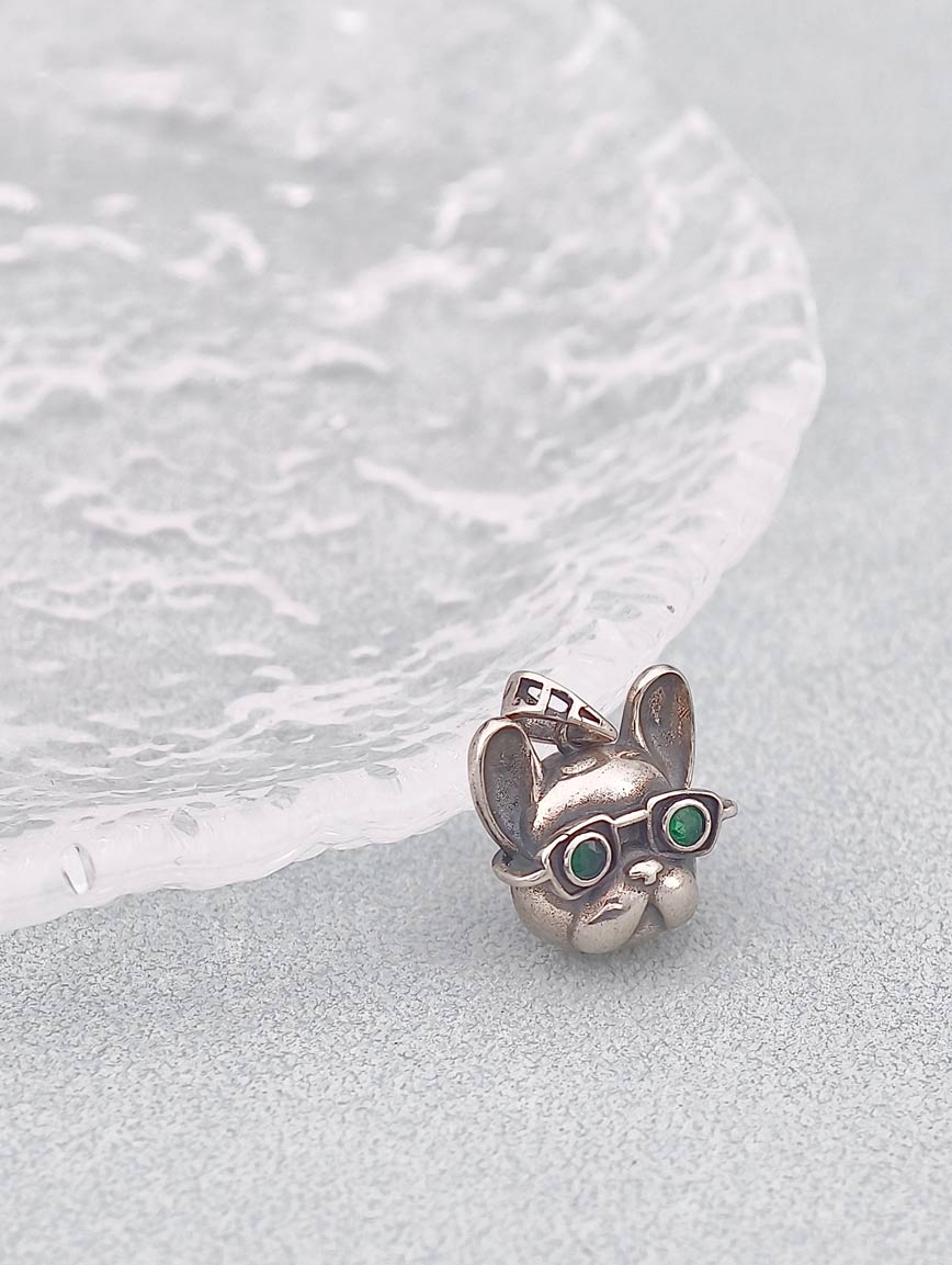 French Bulldog Emerald Sterling Silver Pendant