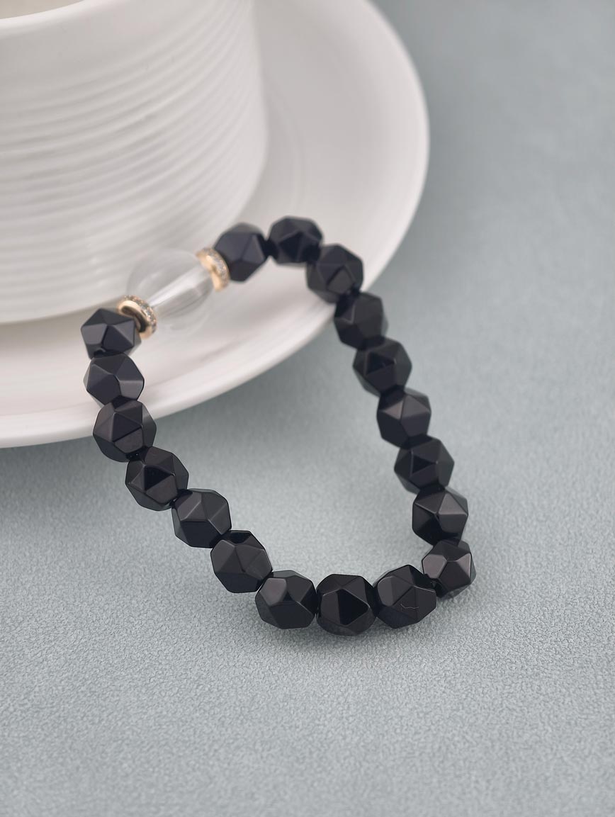 Natural Black Agate and Clear Quartz Bracelet
