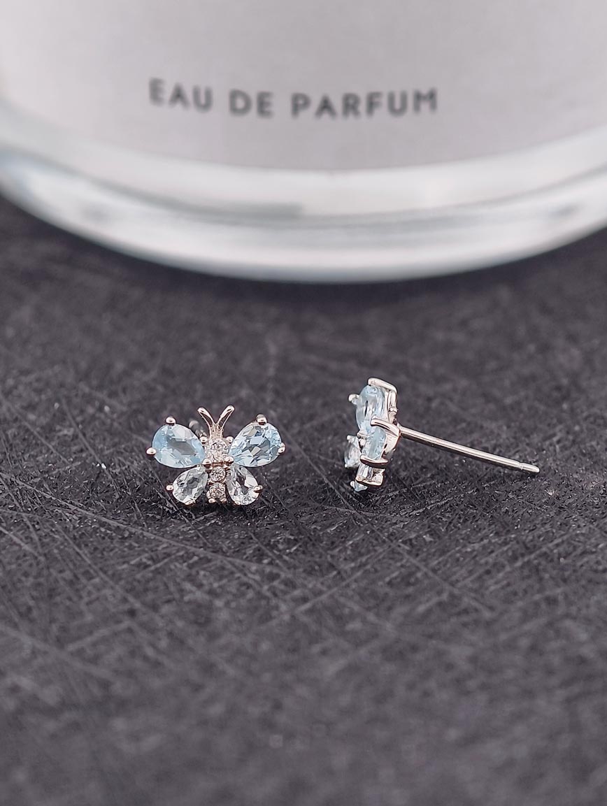 Natural Aquamarine Butterfly Sterling Silver Earrings