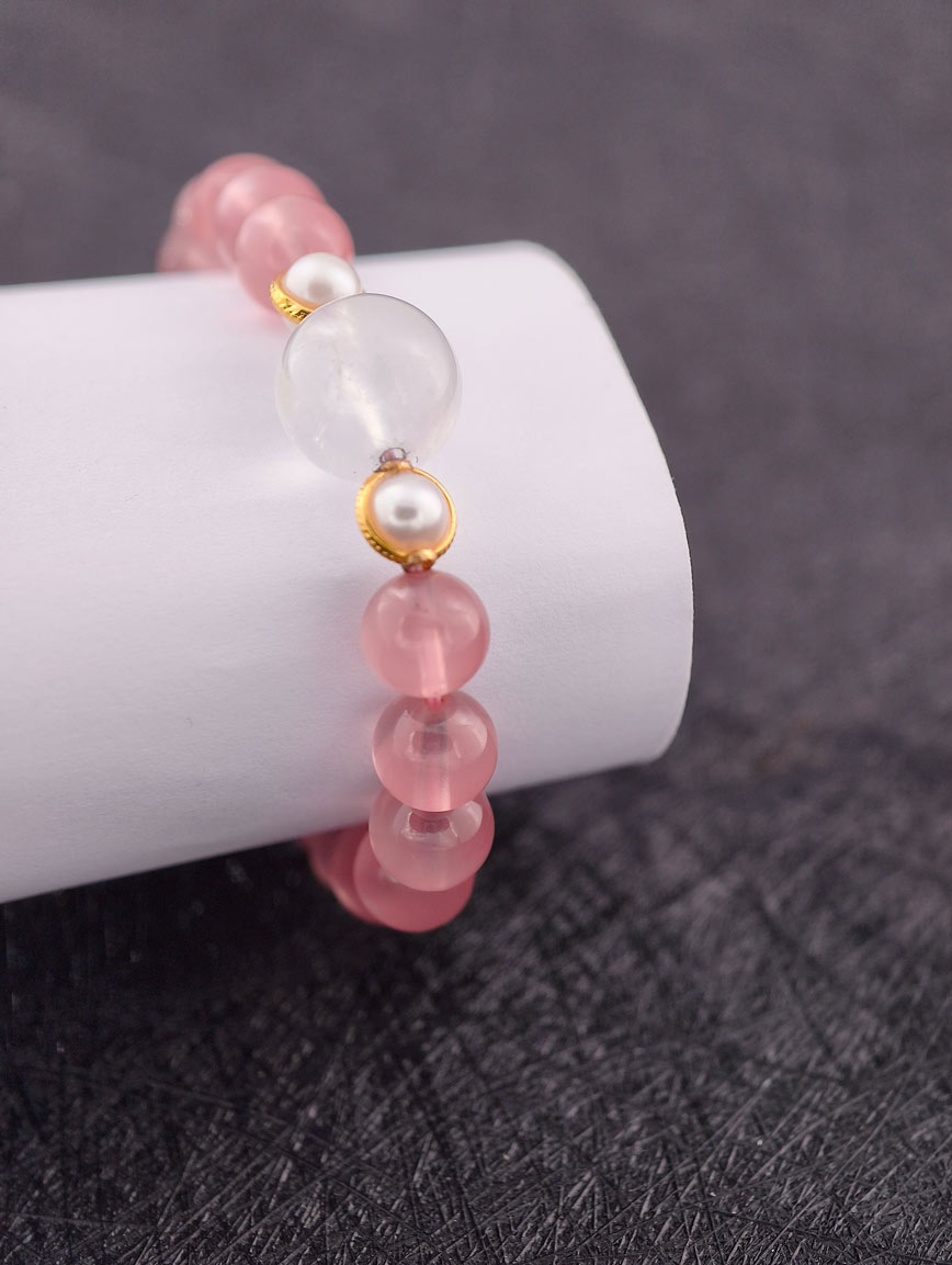 Rose Quartz and Moonstone 18K Gold Inlaid Pearl Bracelet