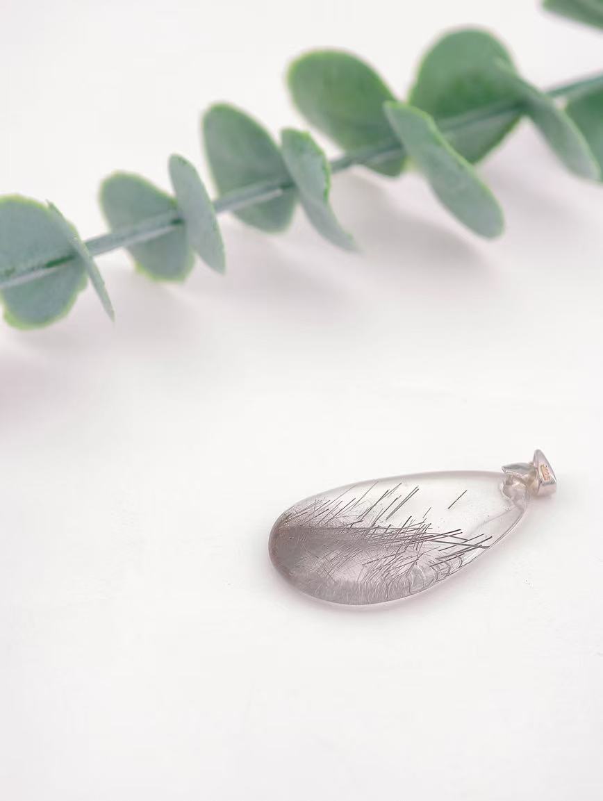 Natural Water Drop Shaped Silver Rutilated Quartz Pendant