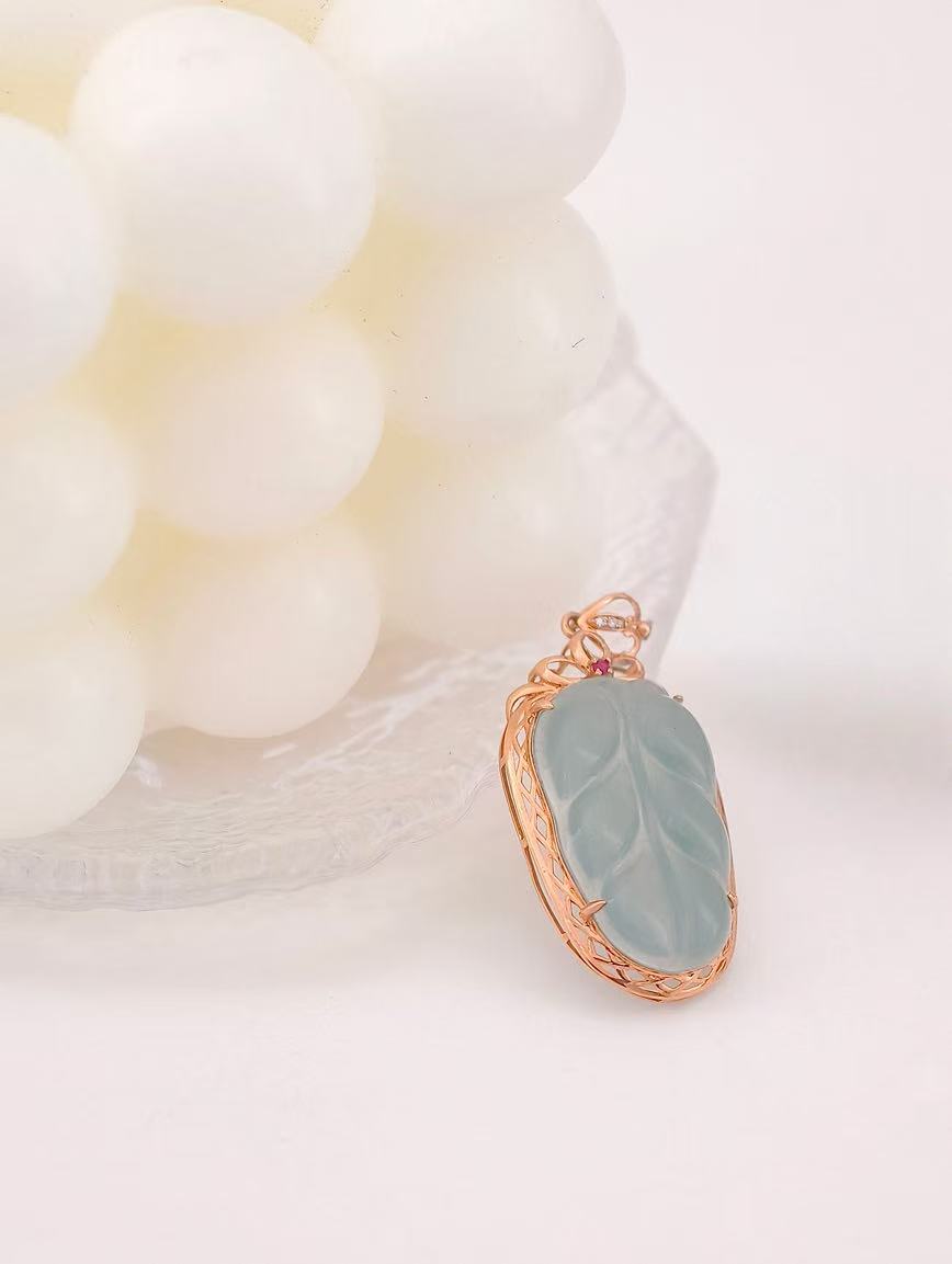 18K Gold Natural Blue Water Jadeite Pendant
