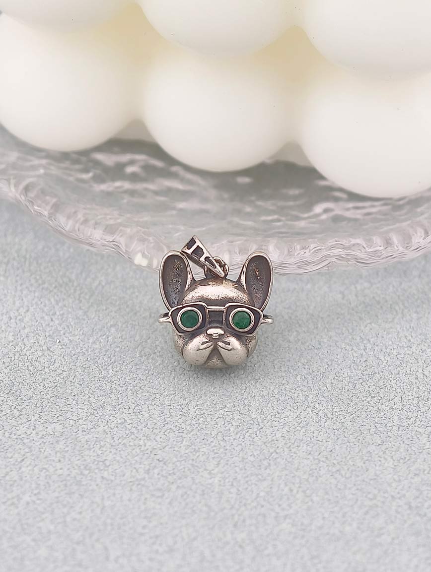 French Bulldog Emerald Sterling Silver Pendant
