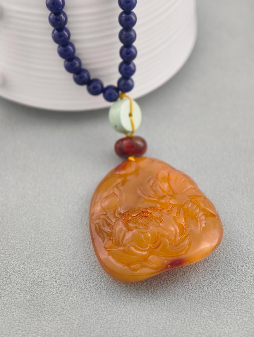 Amber Pendant with South Red Agate Turquoise and Lapis Lazuli Necklace