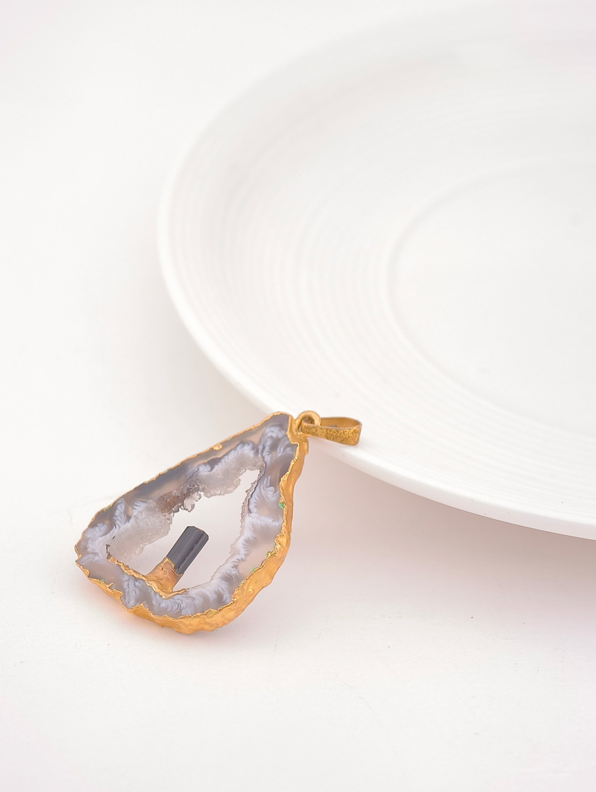 Natural Agate and Black Tourmaline Raw Stone Pendant