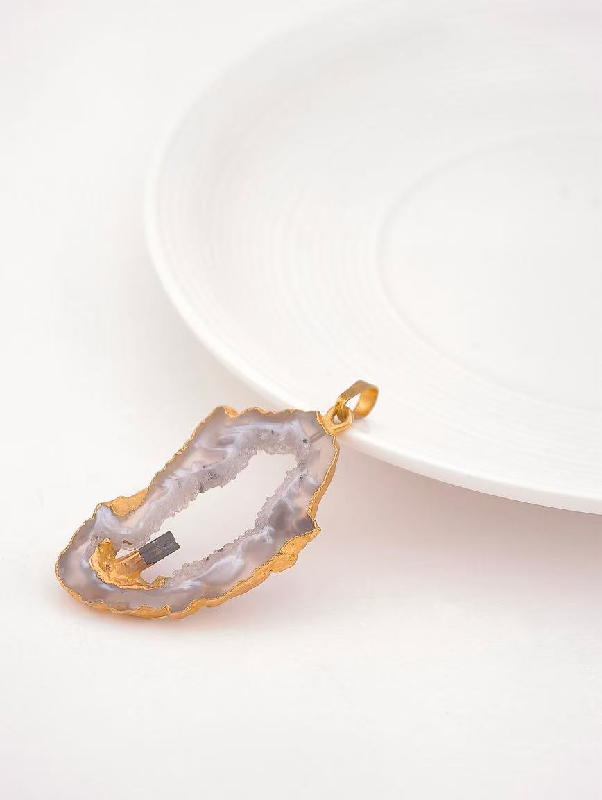 Agate and Black Tourmaline Raw Stone Pendant
