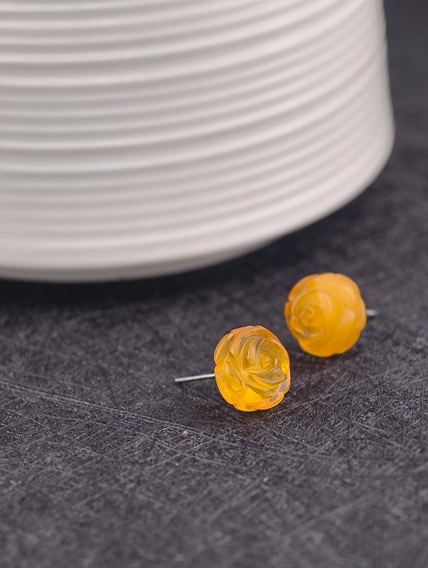 Natural Flower Shaped Amber Sterling Silver Earrings