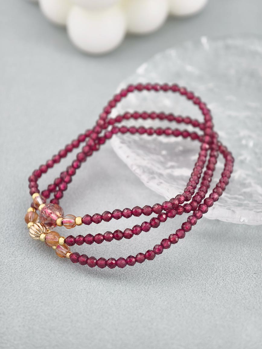 Natural Garnet and Copper Rutilated Quartz Super Seven Three-Wrap Bracelet