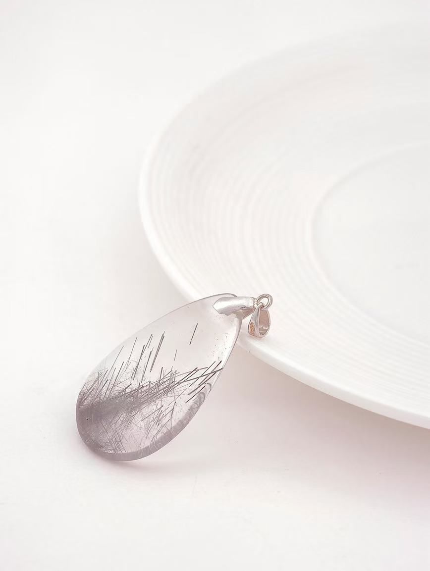 Natural Water Drop Shaped Silver Rutilated Quartz Pendant