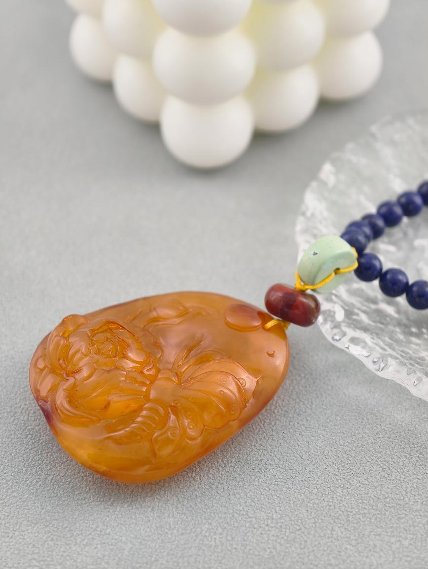 Amber Pendant with South Red Agate Turquoise and Lapis Lazuli Necklace