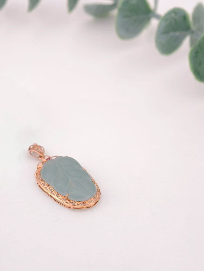 18K Gold Natural Blue Water Jadeite Pendant