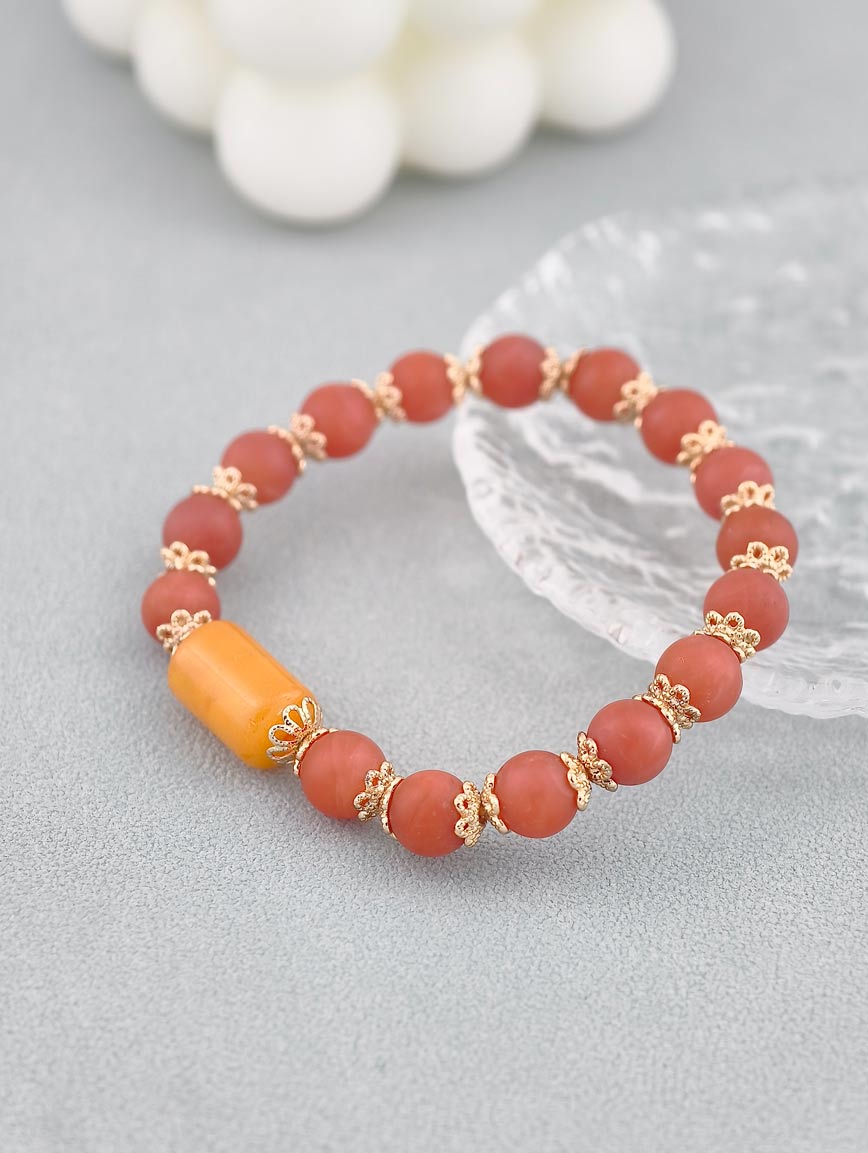 Natural South Red Agate and Beeswax Bracelet