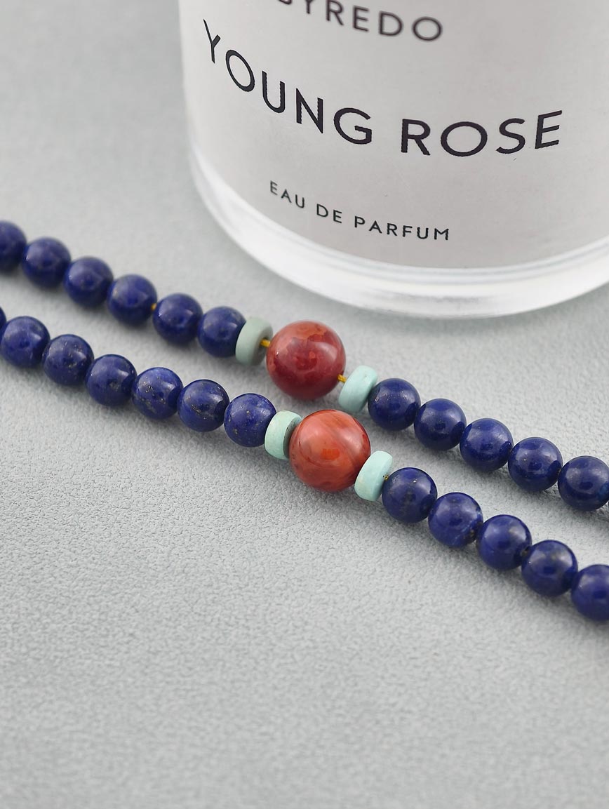 Amber Pendant with South Red Agate Turquoise and Lapis Lazuli Necklace