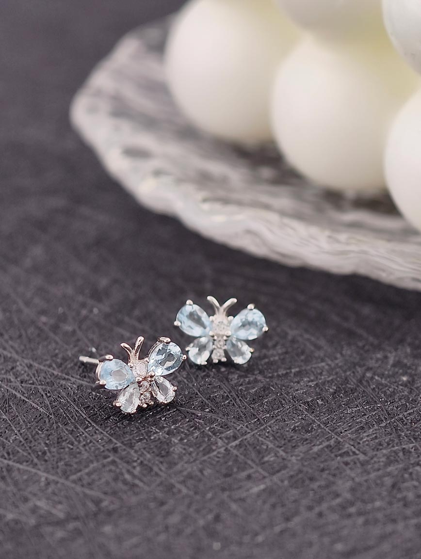 Natural Aquamarine Butterfly Sterling Silver Earrings