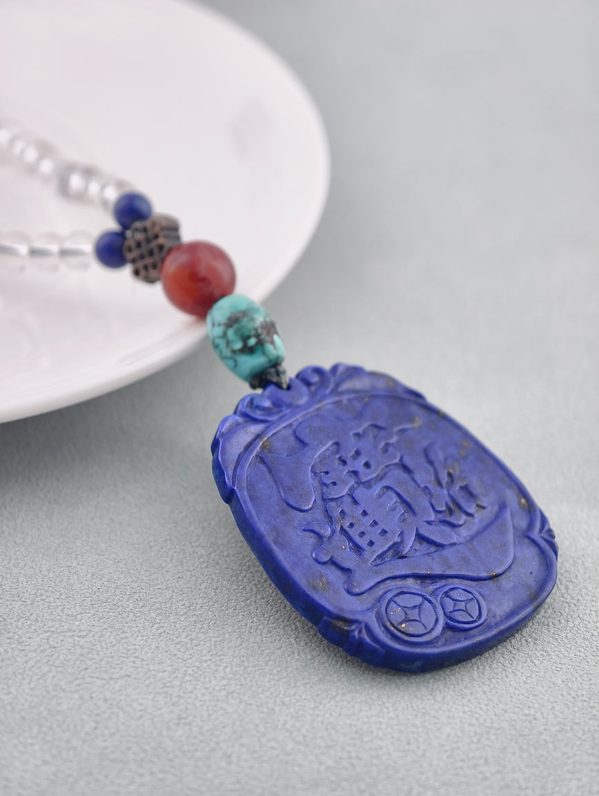 Wealth-Attracting Tablet Lapis Lazuli with Natural Turquoise South Red Agate Pure Silver and Clear Quartz Necklace