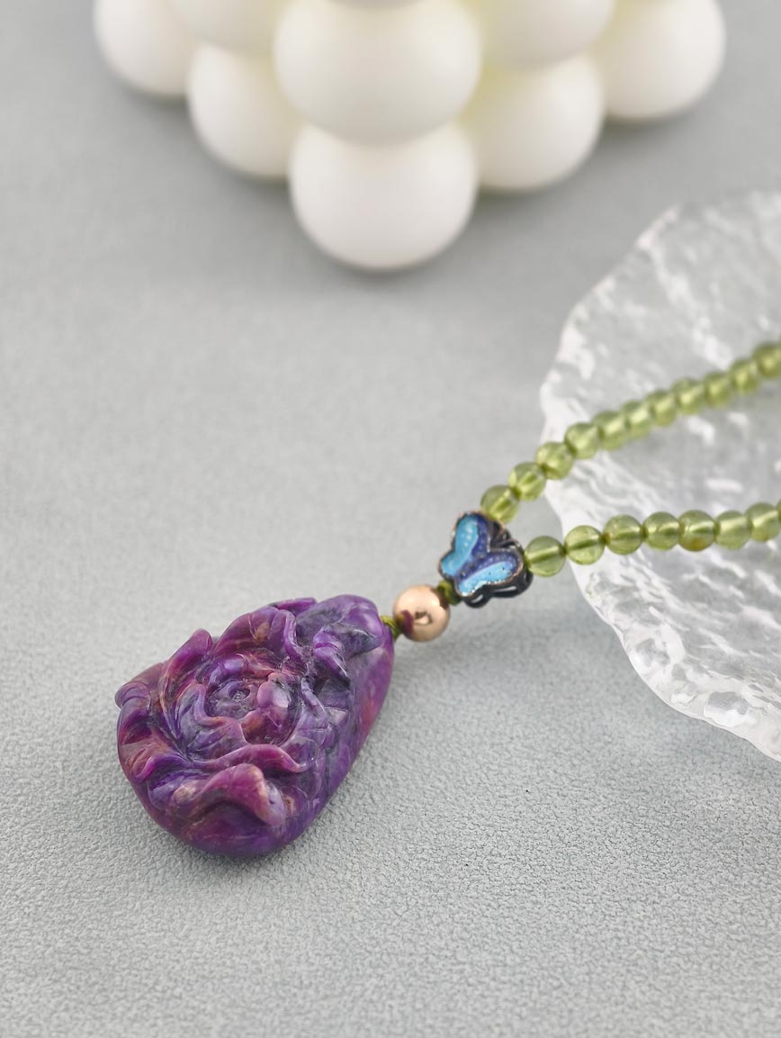 Sugilite Rose with South Red Agate and Peridot Necklace