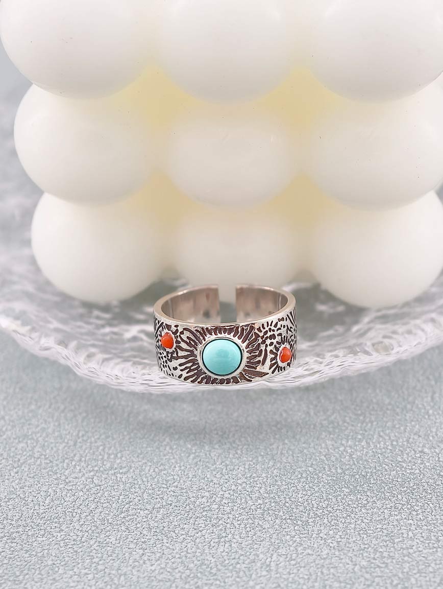 Natural Turquoise With Red Coral Vintage Style Ring