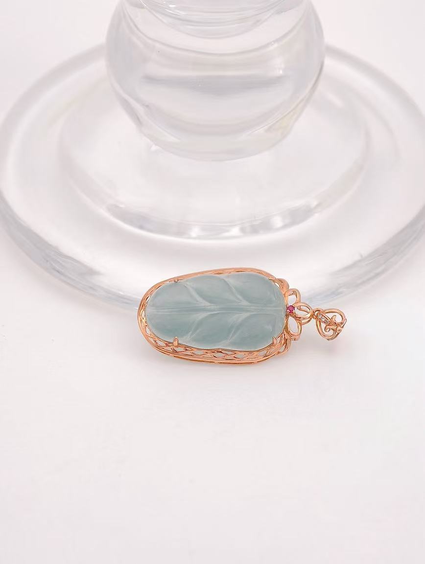 18K Gold Natural Blue Water Jadeite Pendant