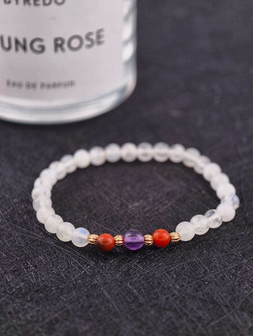 Moonstone and South Red Agate Amethyst Bracelet