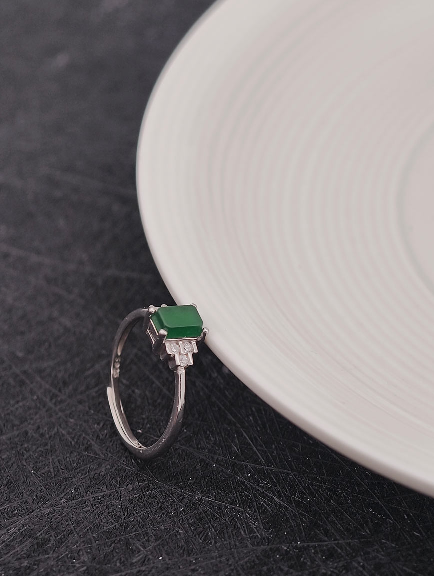 Imperial Green High Ice Natural Jadeite No Design Sterling Silver Gold-Plated Ring