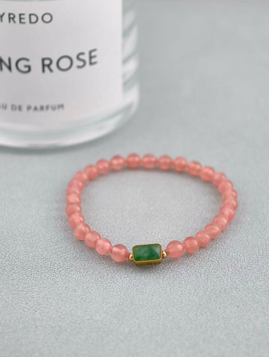 Natural Rhodochrosite and 18K Gold Inlaid Jadeite Bracelet