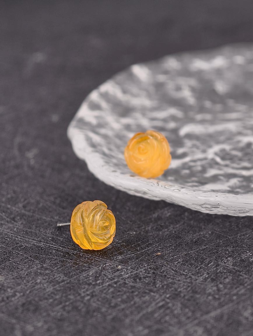 Natural Flower Shaped Amber Sterling Silver Earrings