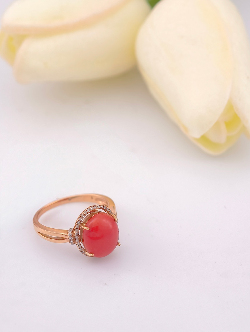 Natural Red Coral Diamond Ring