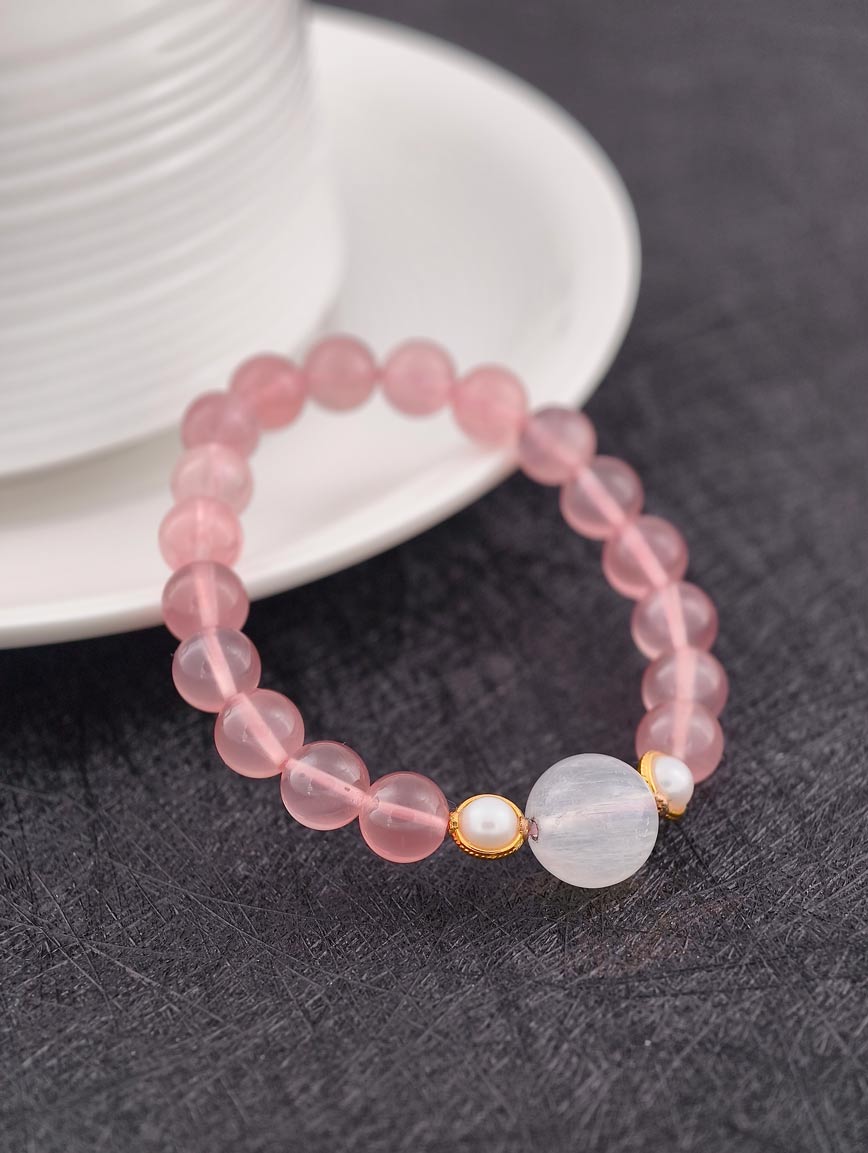Rose Quartz and Moonstone 18K Gold Inlaid Pearl Bracelet